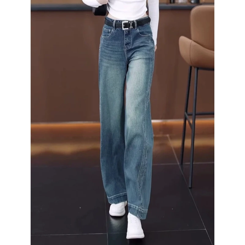 复古阔腿牛仔裤女春秋2025新款烫钻时尚高腰宽松垂感休闲直筒裤子