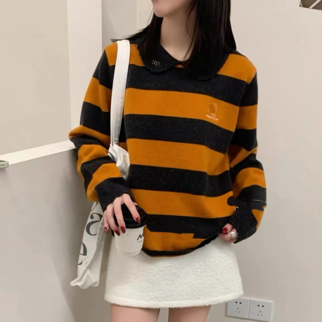 欧货～羊绒混纺，横条翻领针织长袖毛衣，显瘦，百搭均码