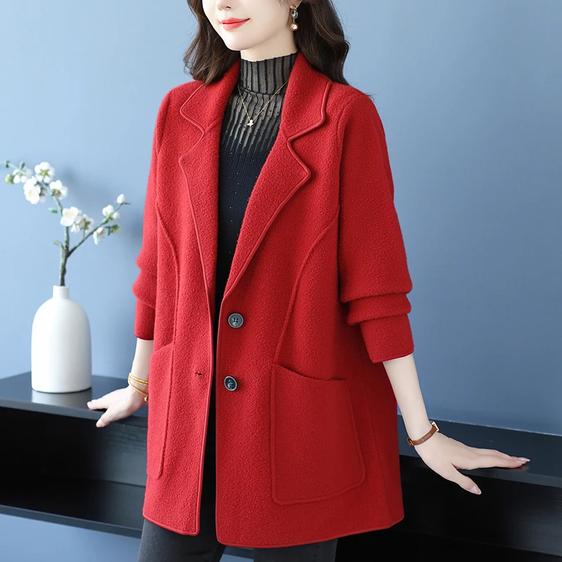 小款毛呢外套秋冬中长款双面纯西装领百搭气质大码春秋洋气大衣女