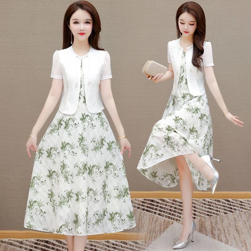 A909 印花连衣裙夏时尚洋气2025新款新中式国风两件套装裙子女