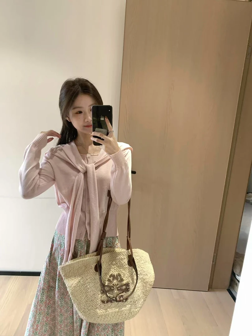 【孤品捡漏直接拍】针织套装女外搭披肩圆领单排扣针织开衫两件套