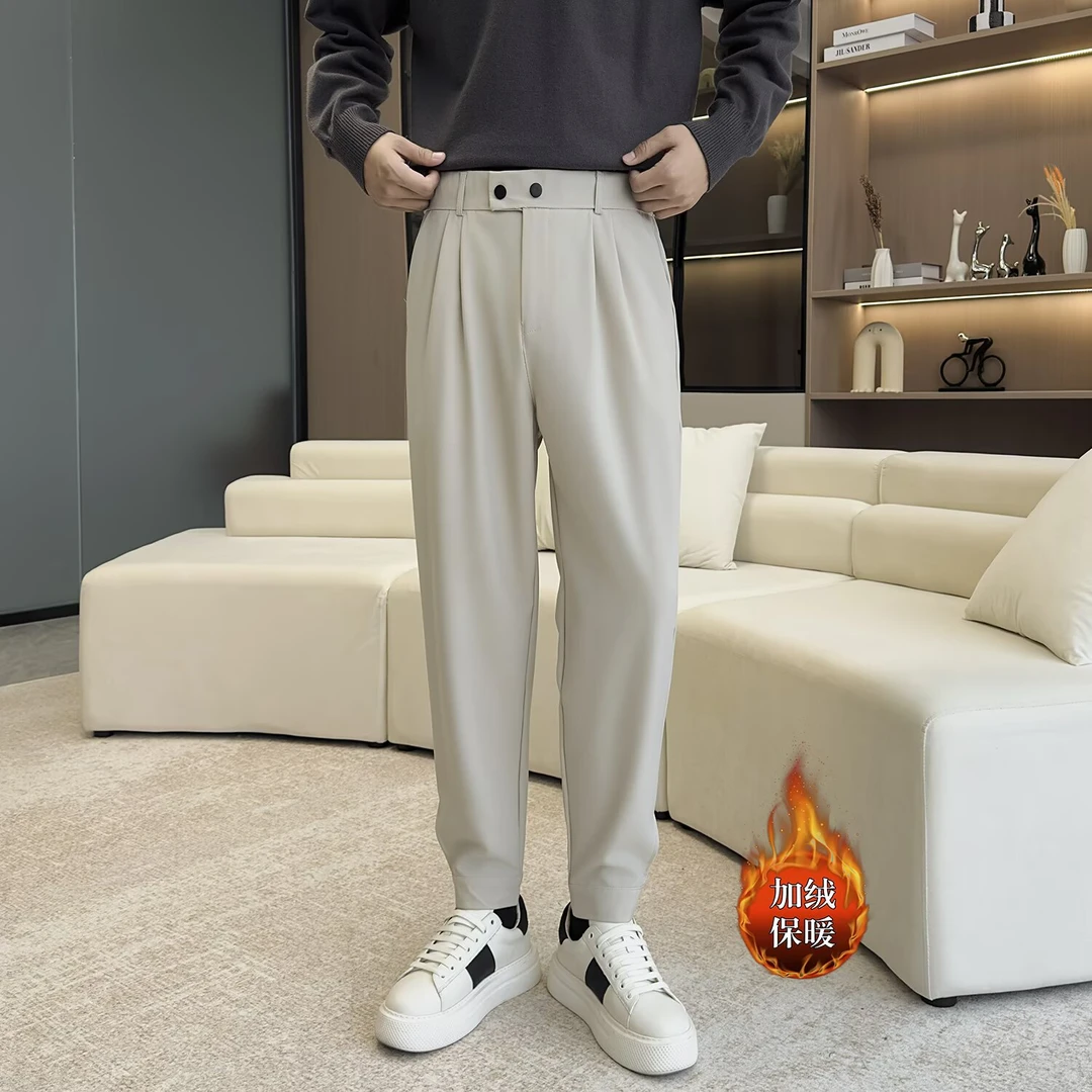 仓石一树秋冬季加绒九分裤男款潮牌垂感西装裤修身小脚休闲西裤男