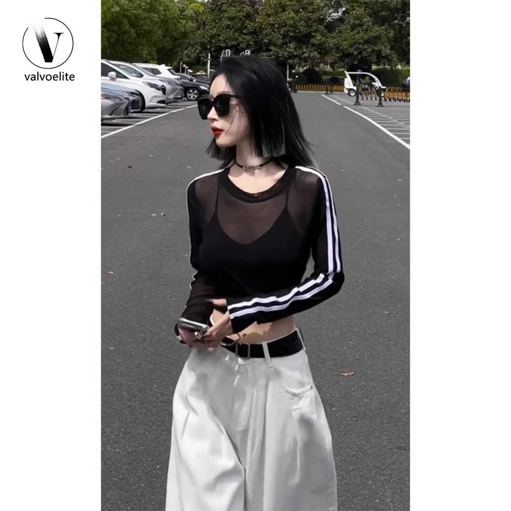 VALVOELITE夏薄款修身防晒罩衫短款上衣甜酷辣妹微透网纱长袖恤女