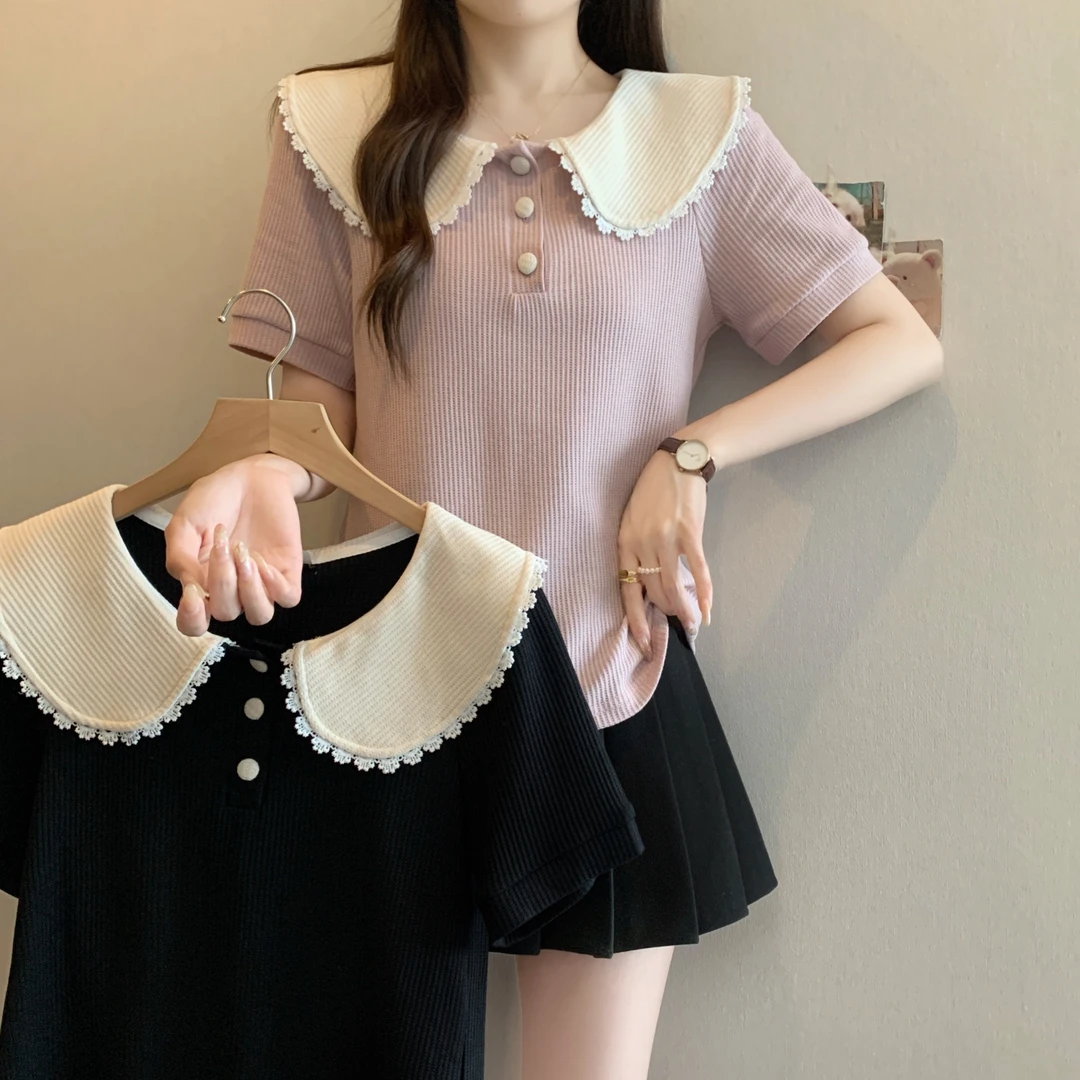 清大码2025夏季新款胖mm娃娃领蕾丝花边短袖上衣法式气质T恤63972