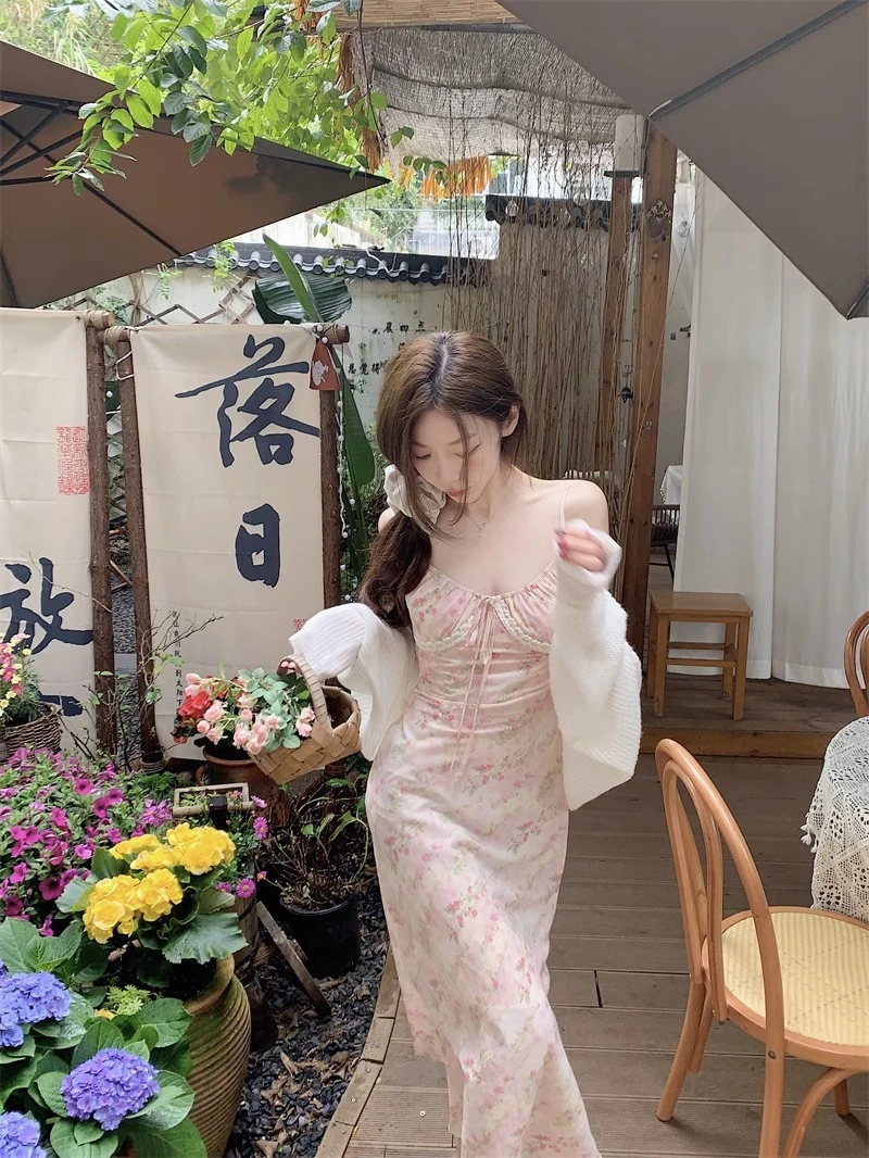 大码胖mm甜美套装春夏新款针织披肩开衫设计感绑带碎花吊带连衣裙