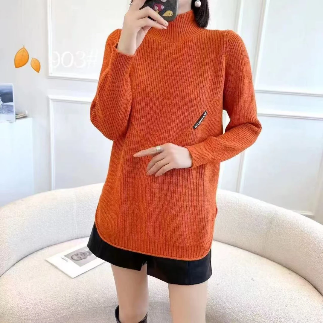 半高领宽松毛衣女秋冬新款外穿加厚中长款长袖针织衫68217#