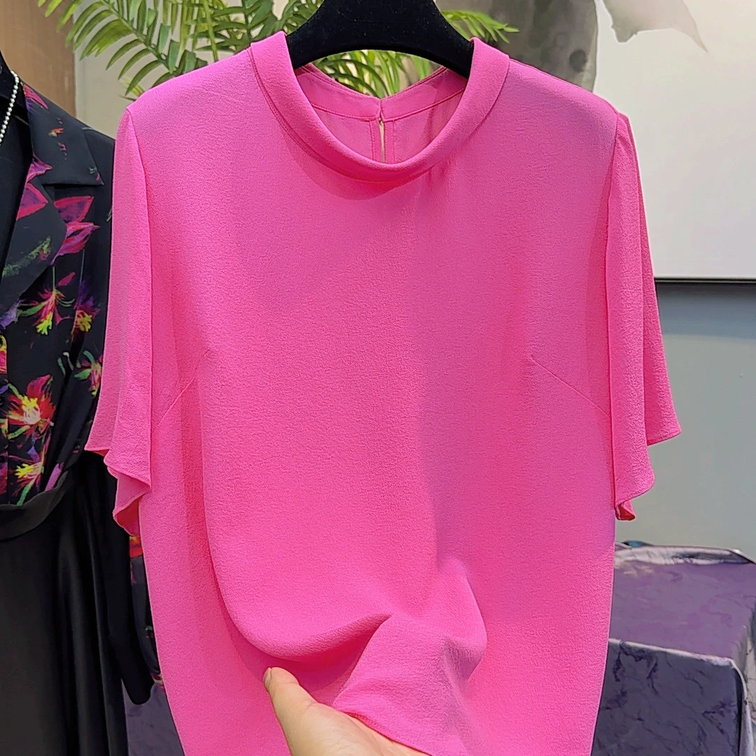 鬼绉真丝圆领桑蚕丝夏季短袖气质简约女士夏款透气凉快纯色T恤