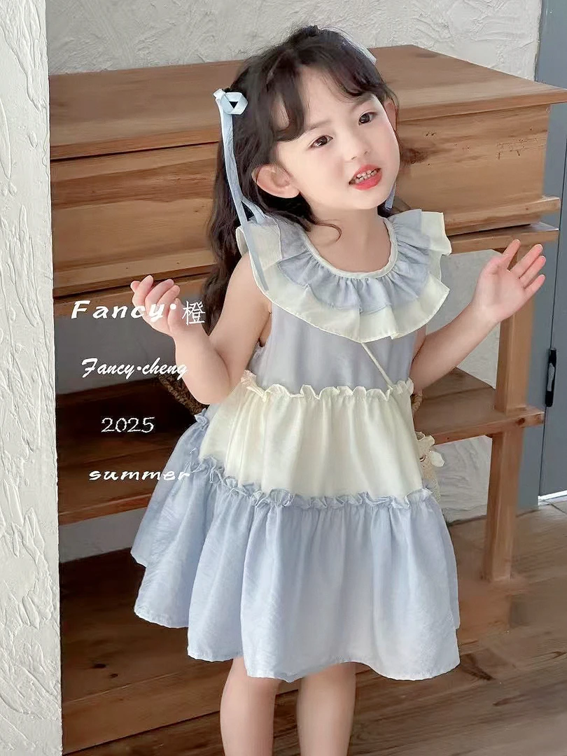 【XTL】2025新夏蓝色娃娃领拼接木耳边边蛋糕裙25055