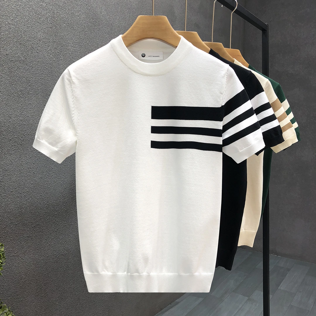 郎的早春套头薄款短袖毛衣男圆领针织衫t恤2025春秋季冰丝半截袖