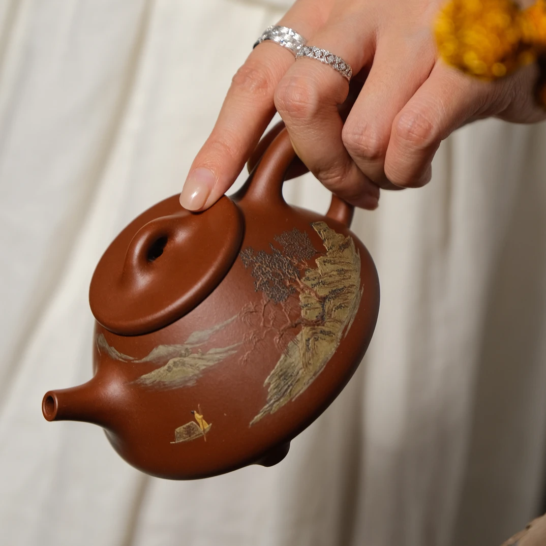 【子冶石瓢】宜兴紫砂壶泥绘山水全手工史雨霞作品