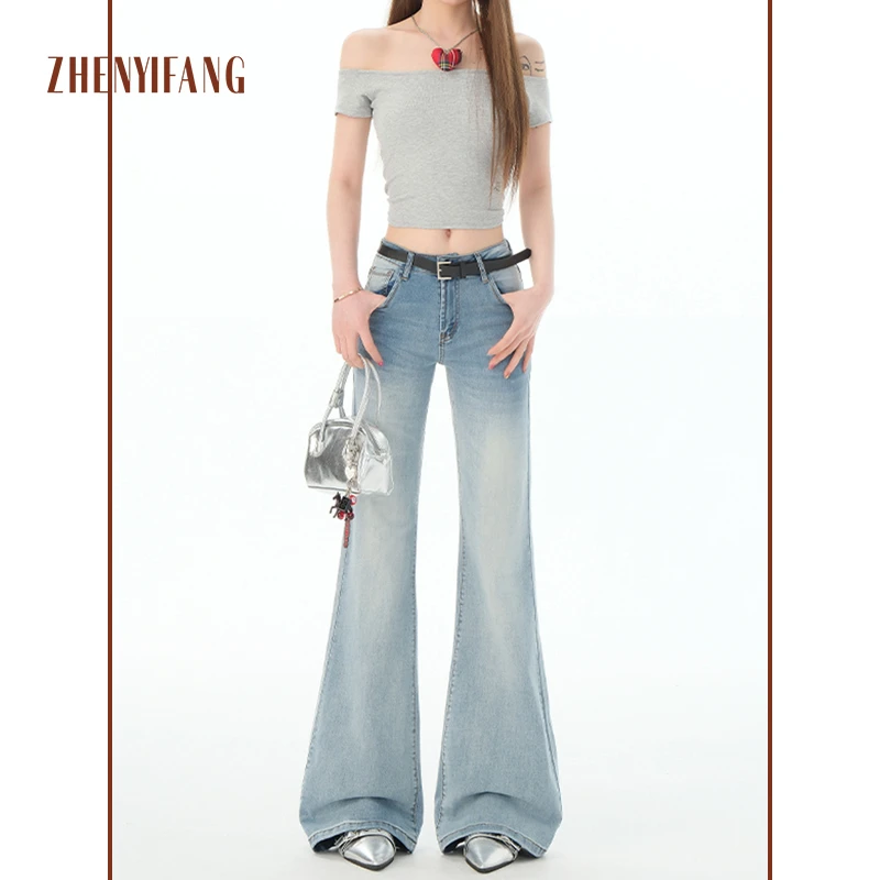 美式辣妹ootd低腰微喇牛仔裤女春夏修身弹力喇叭裤