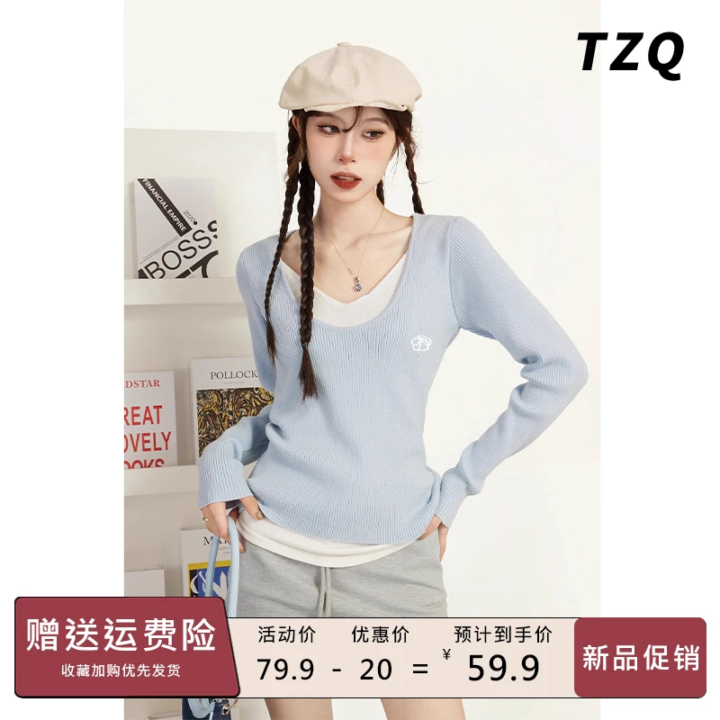 韩系蓝色v领长袖针织衫女修身内搭打底毛衣针织上衣秋TZQ2581971