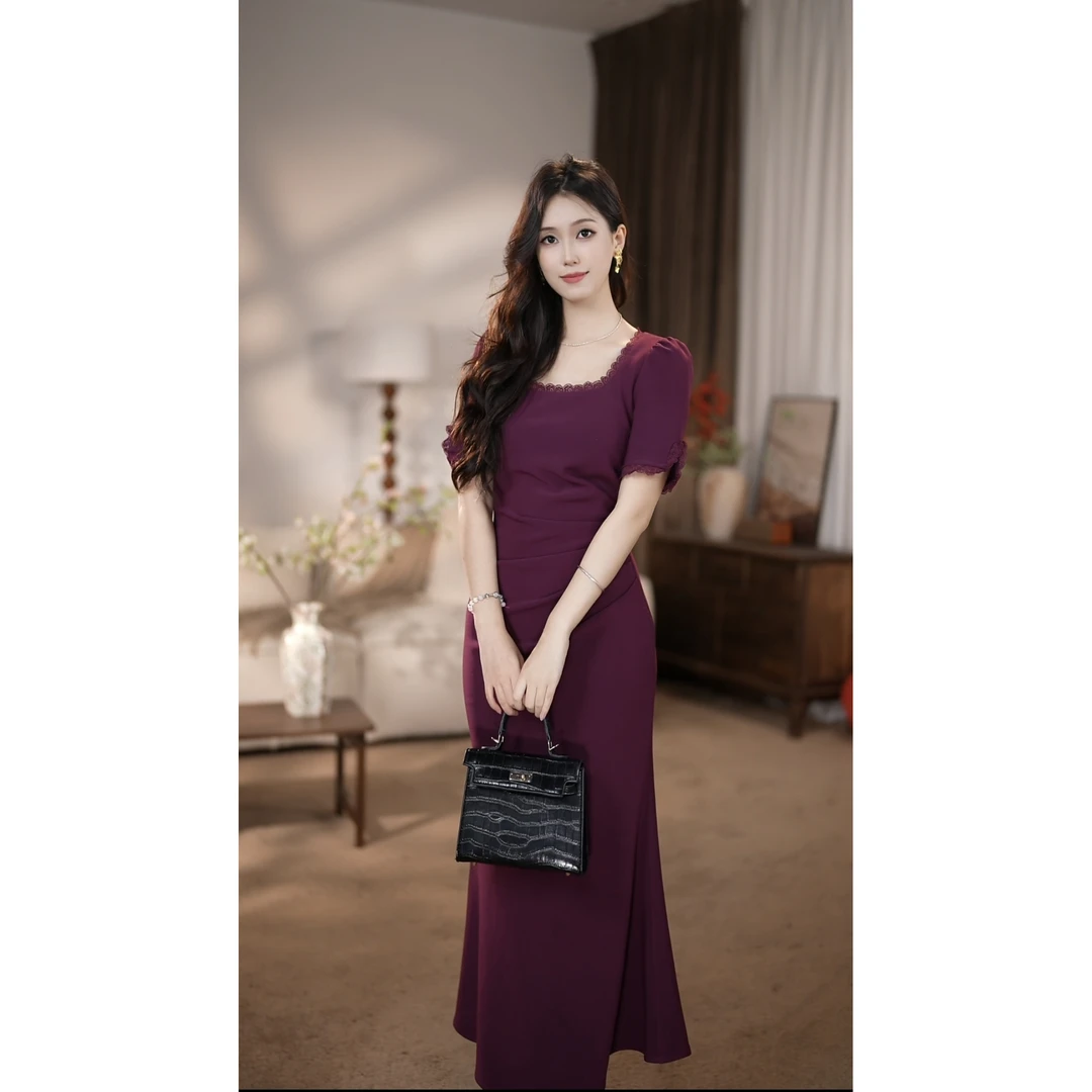 【安安】东方紫罗兰 法式紫色气质轻职风收腰修身鱼尾连衣裙-HZ839