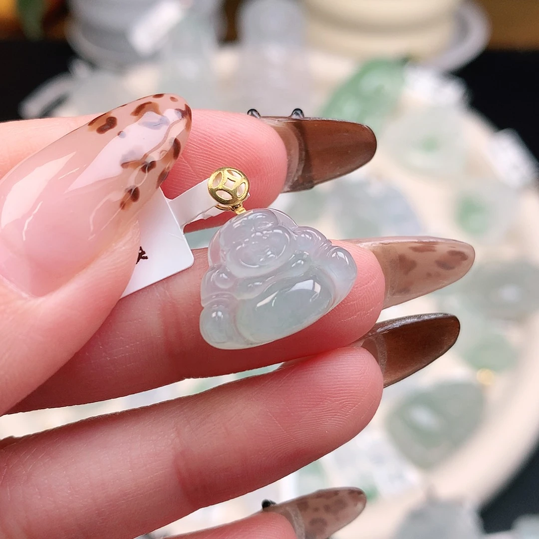 翡翠颈饰18K金镶嵌飘花佛18.5、13.3、17.3、6