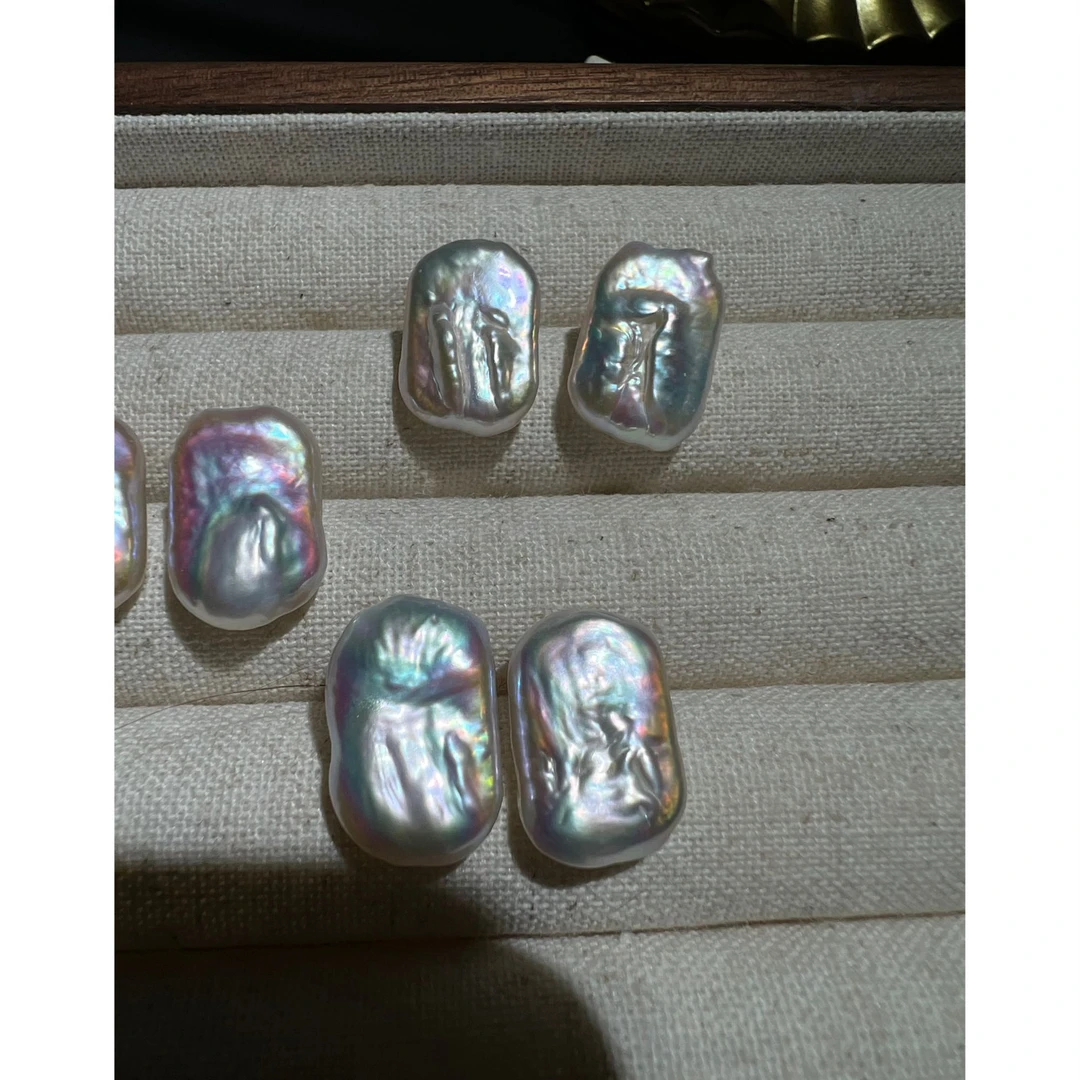 JUNMU炫彩方块巴洛克珍珠耳钉925银材质简约百搭复古气质耳饰