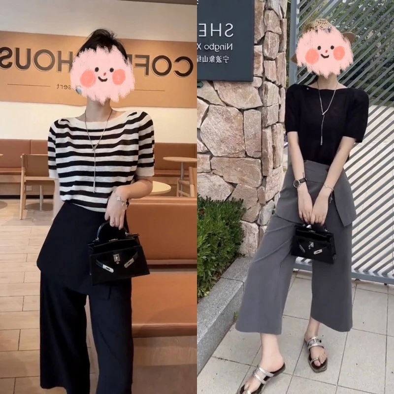 夏季洋气短袖T恤圆领撞色减龄针织小衫设计款百搭腰封裤两件套