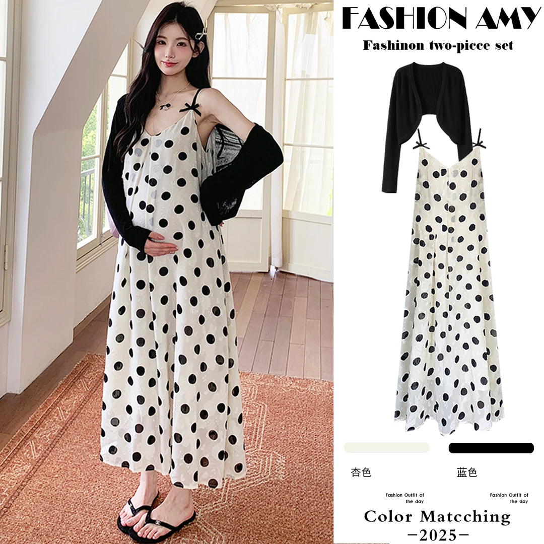 孕妇套装夏装新款时尚韩版气质薄款防晒开衫显瘦蝴蝶结波点吊带裙