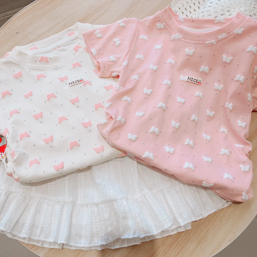 2025全新夏款女宝时尚满印印花立体蝴蝶结短袖T恤潮流时尚爆款T恤