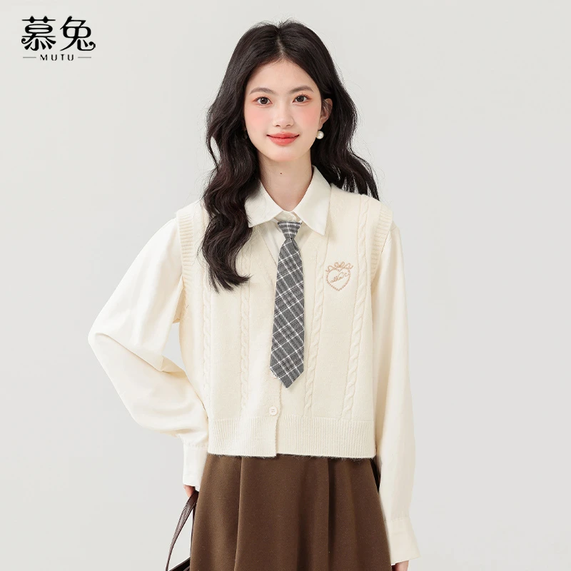 幕兔法式学院风小个子女新款长袖衬衫针织马甲背心TU22985
