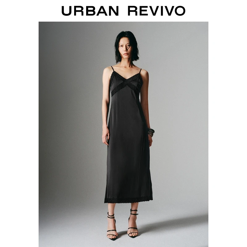 UR2025春季新款女装摩登气质长款拼接V领吊带连衣裙UWJ750001