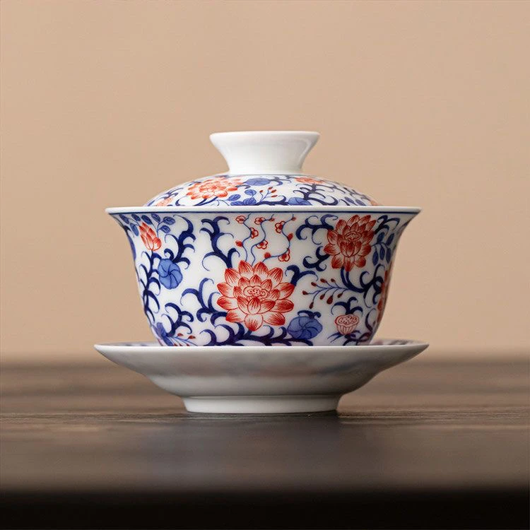 釉下彩青花釉里红薄胎防烫盖碗高白瓷茶碗茶具泡茶碗山水画缠枝莲