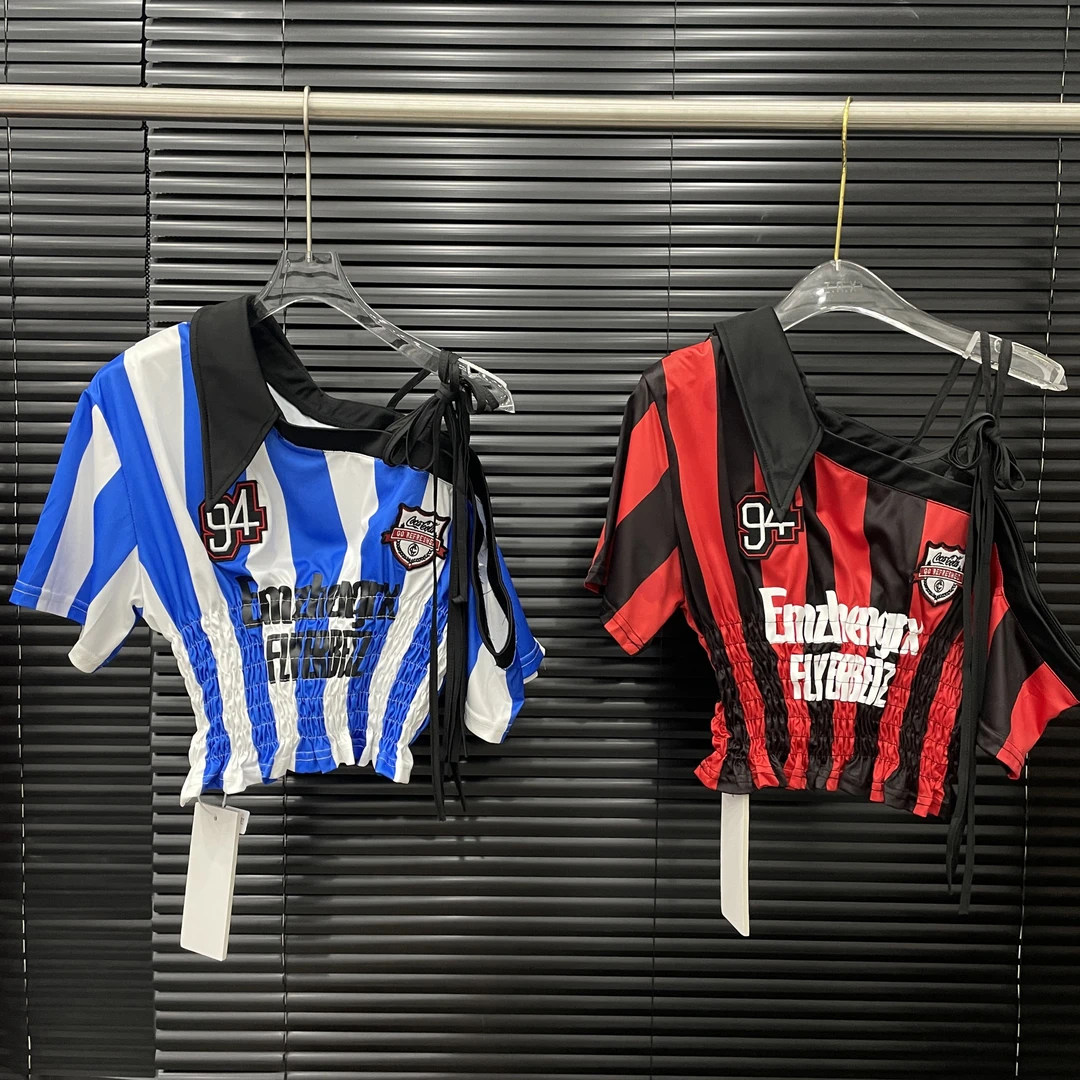 付新博女装露肩绑带球衣T恤女小众复古辣妹宽条纹短款上衣14729