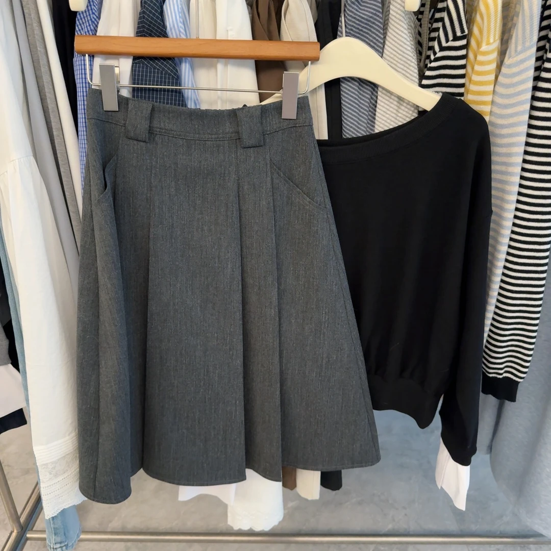 2025早春女装OL简约通勤百搭高腰百褶显瘦A字中裙半身裙