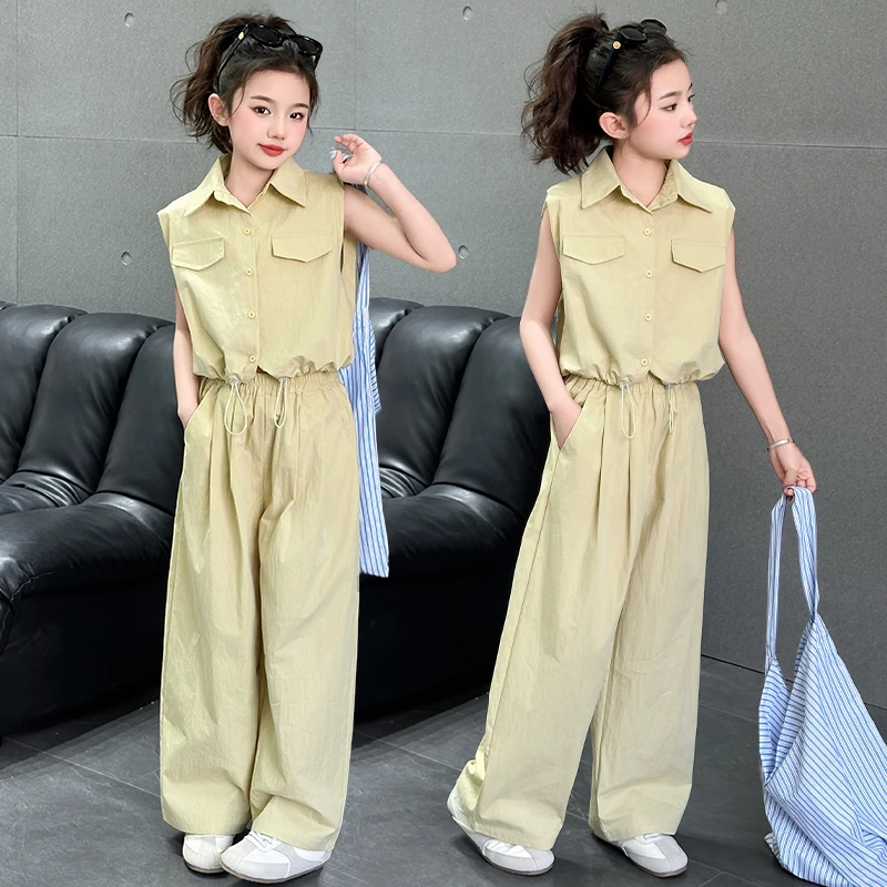 女大童夏季休闲套装2025新款洋气时髦初中生无袖衬衫阔腿裤两件套