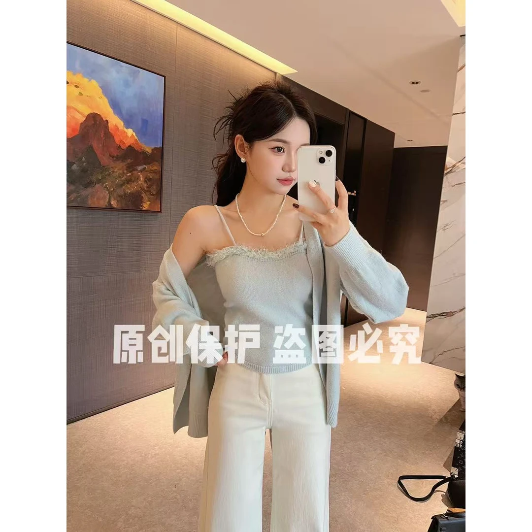 L & L 云云【秋日么么茶】蕾丝针织吊带+毛衣开衫两件套秋装新款