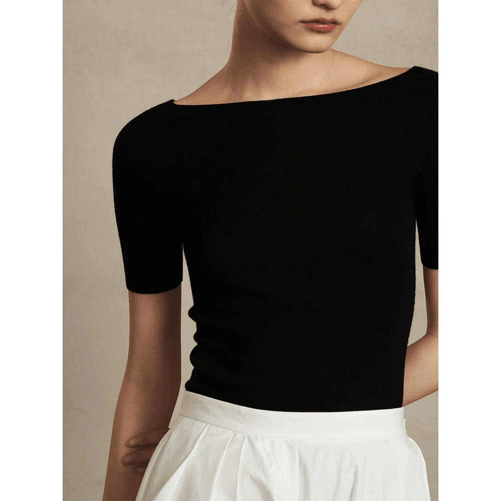 法式气质一字领显瘦纯色针织打底衫女夏黑色小众高级百搭气质上衣