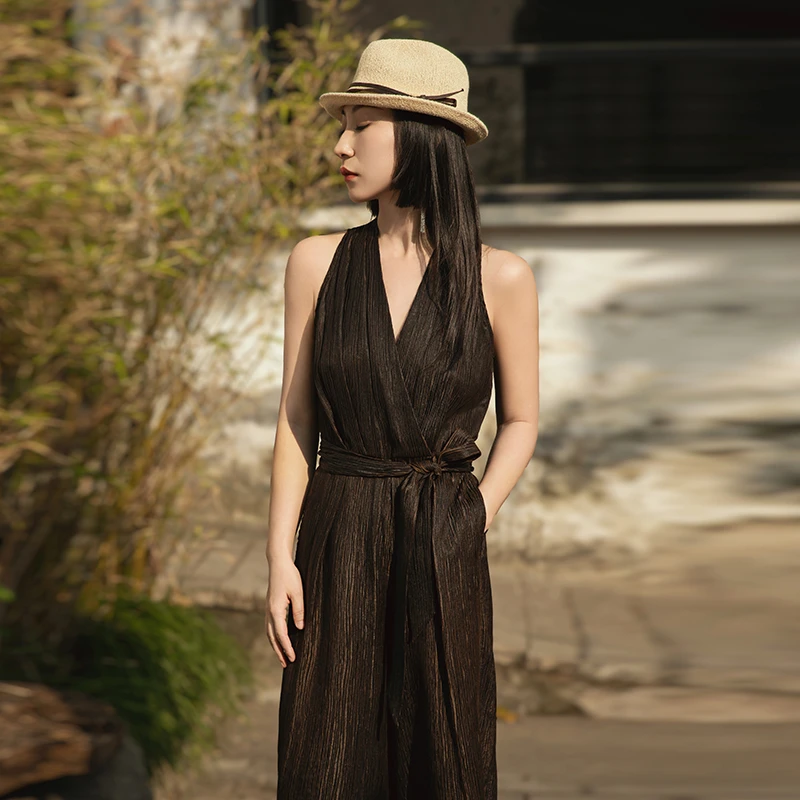 【风漪绉舞】廓弧新中式夏季黑色气质收腰显高显瘦连体裤