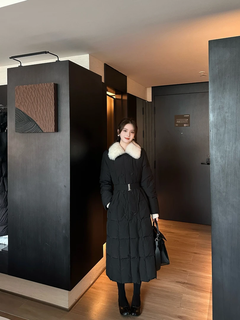 C313583M【90白鸭绒+100羊毛领】秋冬季韩版气质修身长款拼接大毛领