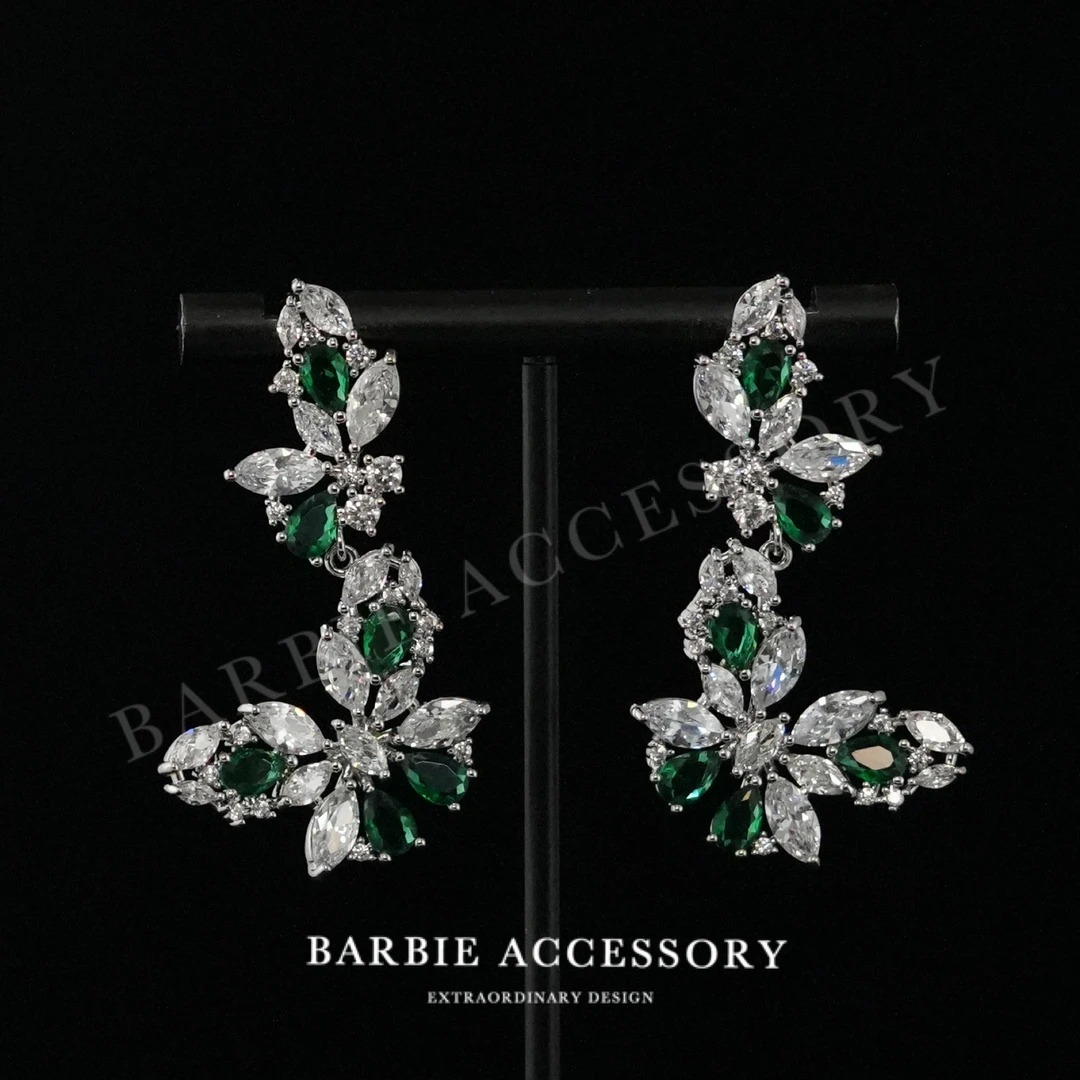 铜合金合成锆石耳饰 【绿蝶双影】时尚轻奢设计款高级绝美百搭耳饰