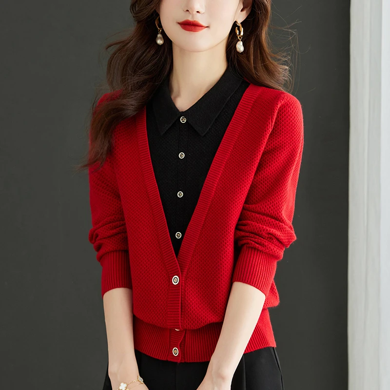 春秋大码洋气红色毛衣女士宽松显瘦百搭秋冬时尚假两件针织打底衫