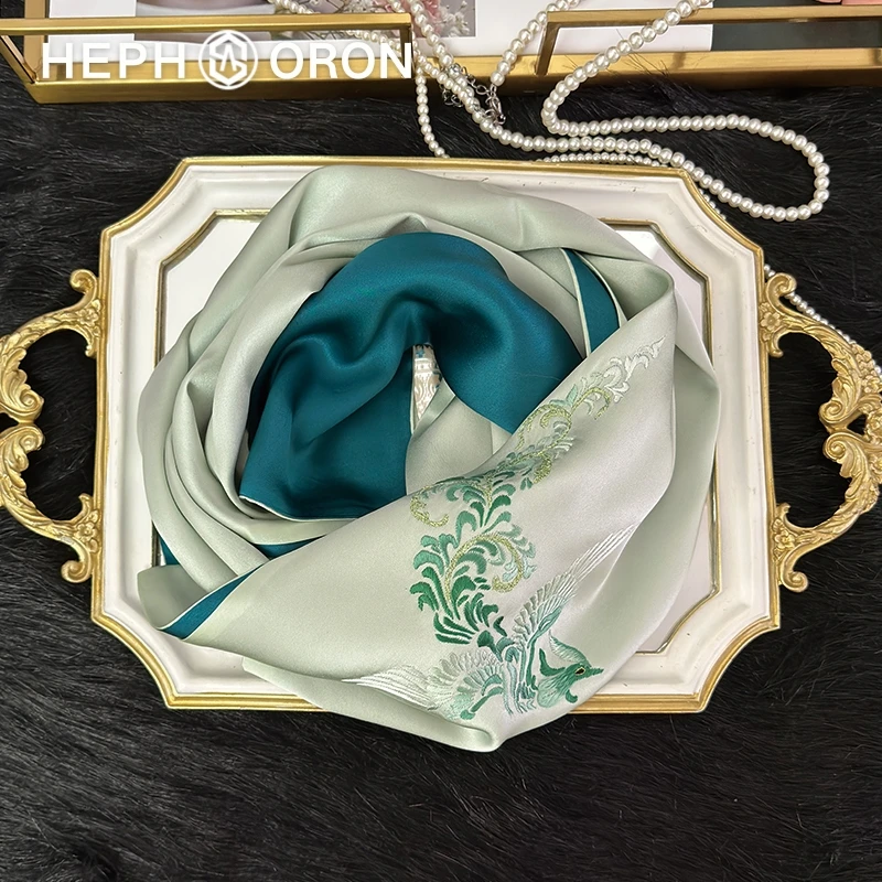 HEPHSORON苏绣丝巾礼盒送妈妈绿色刺绣薄款桑蚕丝真丝丝巾礼盒装