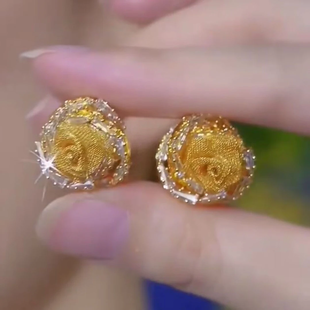 铜合金布艺耳饰 法式复古金丝网状水晶玫瑰花耳扣女精致百搭耳钉