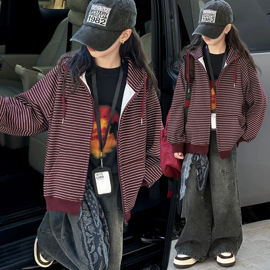 女童外套女孩拉链休闲风开衫连帽条纹外套卫衣外套学生上衣8-18岁