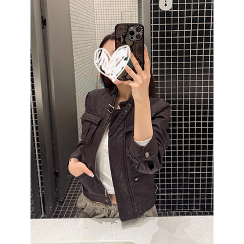 美式复古做旧质感设计感工装皮衣外套秋季新款酷飒风修身百搭上衣