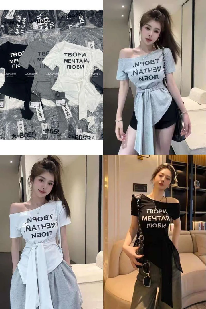 大码不规则露肩短袖T恤女夏季修身辣妹气质显瘦设计感绑带上衣潮