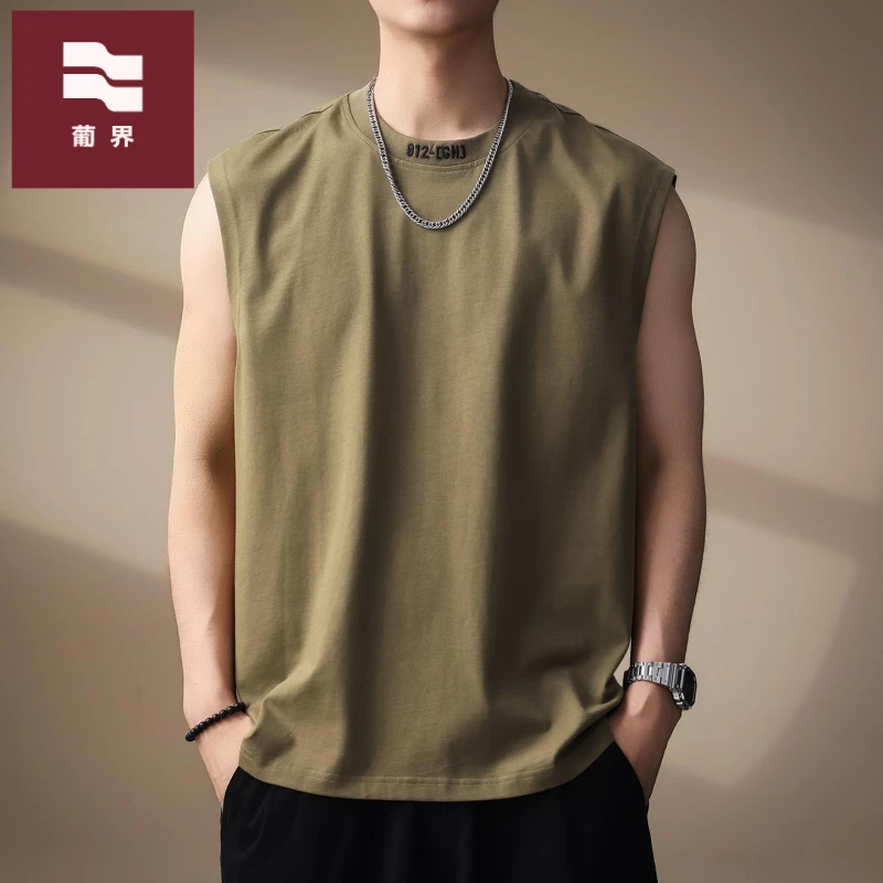 高端美式复古刺绣坎肩无袖背心男夏季薄款纯色宽松休闲纯棉T恤衫