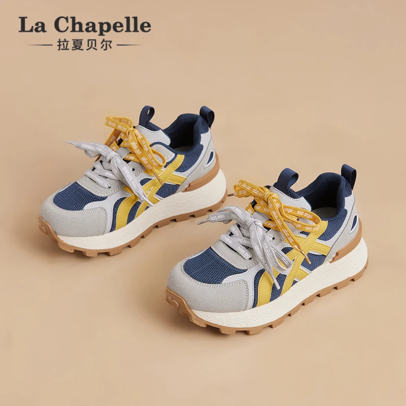 拉夏贝尔德训鞋女2025秋季新款厚底增高网面透气时尚双鞋带小白鞋
