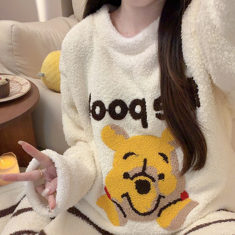 软绵绵维尼睡衣女生秋冬季半边绒长袖长裤日系加厚保暖家居服套装