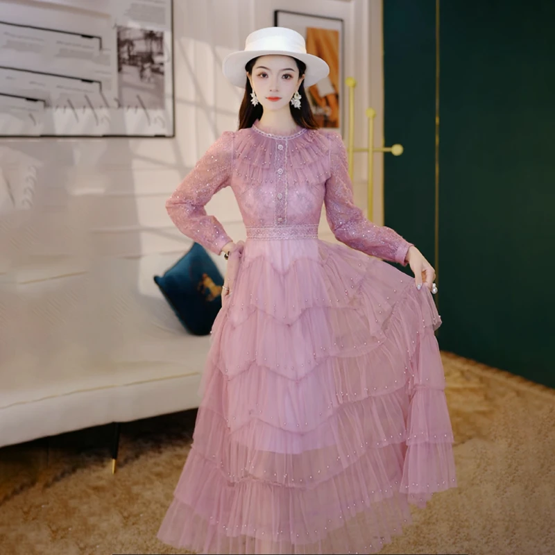 2025春季新款气质显瘦法式轻奢时尚收腰设计感长袖网纱连衣裙2001