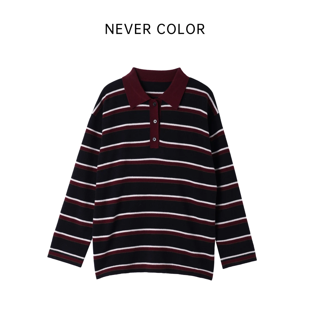 NEVER COLOR【美式通勤】撞色polo条纹针织复古长袖软糯毛衣上衣女