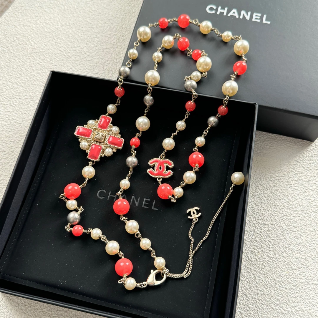 95新 Chanel/香奈儿 泡泡中古Chanel橙色珐琅雕花珍珠项链