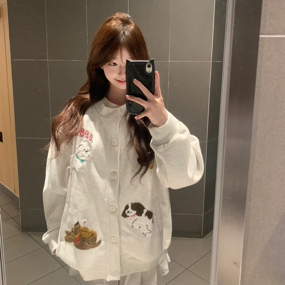 学院风毛巾绣纯棉华棉复合薄款ins少女长袖卫衣韩版卡通宽松