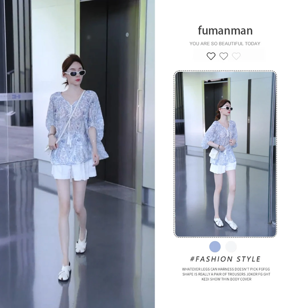 法式复古气质碎花短袖衬衫女显瘦短裤两件套夏季老钱风穿搭套装潮