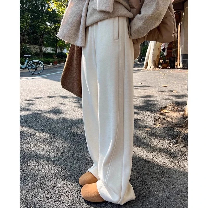 醋酸羊毛呢阔腿裤女秋冬2024新款高腰垂感加绒直筒裤糯米长裤子