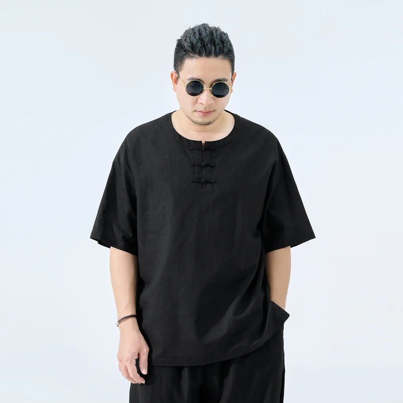 半墨大码男装宽松薄款棉麻国风T恤夏季新款胖子男士140-300斤0339