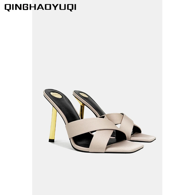 高跟鞋女2025新款细跟不累脚百搭交叉带露趾外出凉拖鞋女夏季